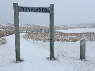 Dunelands sign winter Dunelands sign in winter snow